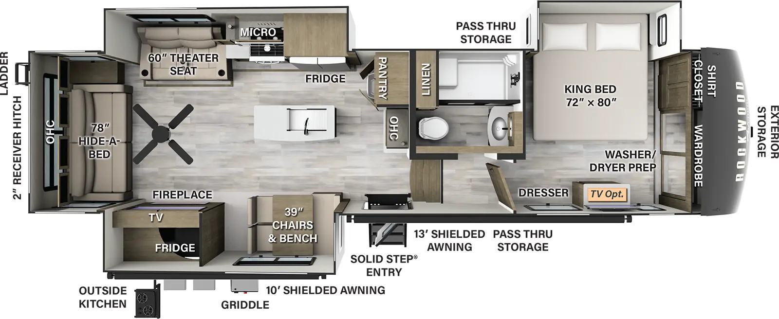 The 372RL has three slide outs and one entry. Exterior features a 10 foot shielded awning and 13 foot shielded awning, solid step entry, outside kitchen with refrigerator, griddle, exterior storage, pass through storage, rear ladder, and 2 inch receiver hitch. Interior layout front to back: front bedroom with off-door side king bed slide out, front shirt closet and wardrobe with washer/dryer prep, and dresser (TV optional); side aisle full bathroom with linen closet; steps down to kitchen living dining area; kitchen counter with overhead cabinet and pantry along inner wall; off-door side slide out with refrigerator, microwave, cooktop, and theater seat; kitchen island with sink; door side slide out with chairs & bench, TV, and fireplace; rear hide-a-bed sofa, overhead cabinet and paddle fan.